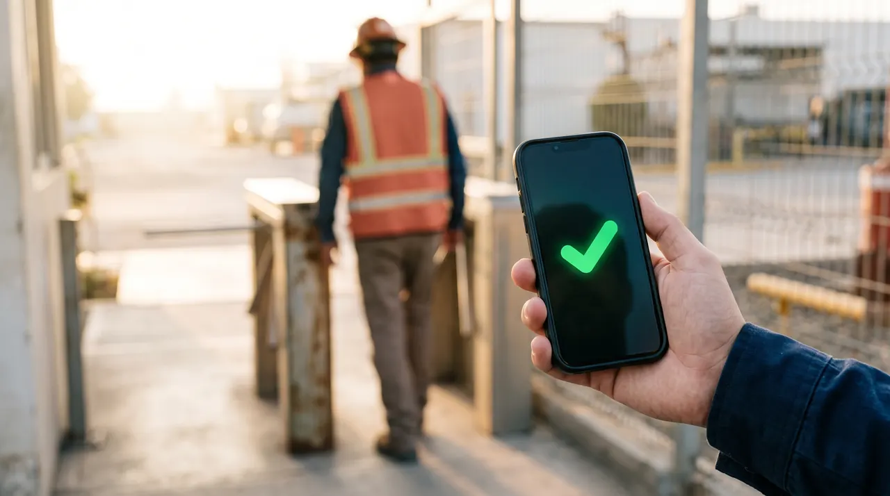 La mano de un guardia sostiene un teléfono con el veredicto verde en la caseta de acceso